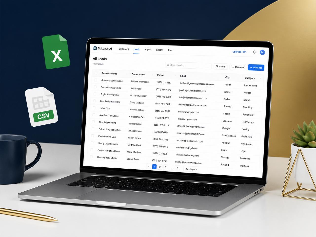 Laptop showing Indian business leads database with Excel and CSV files