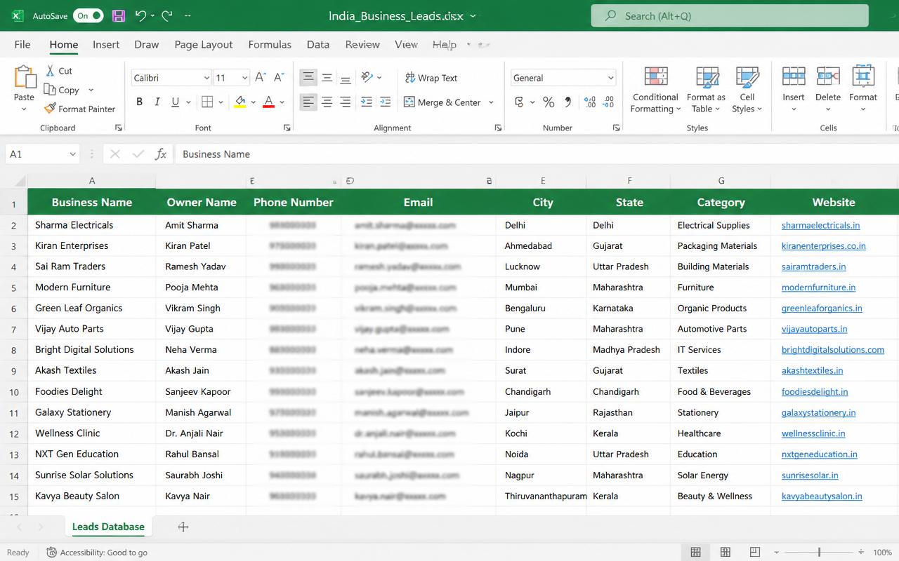 Excel spreadsheet with owner name, phone, email, city, state, category & website columns.