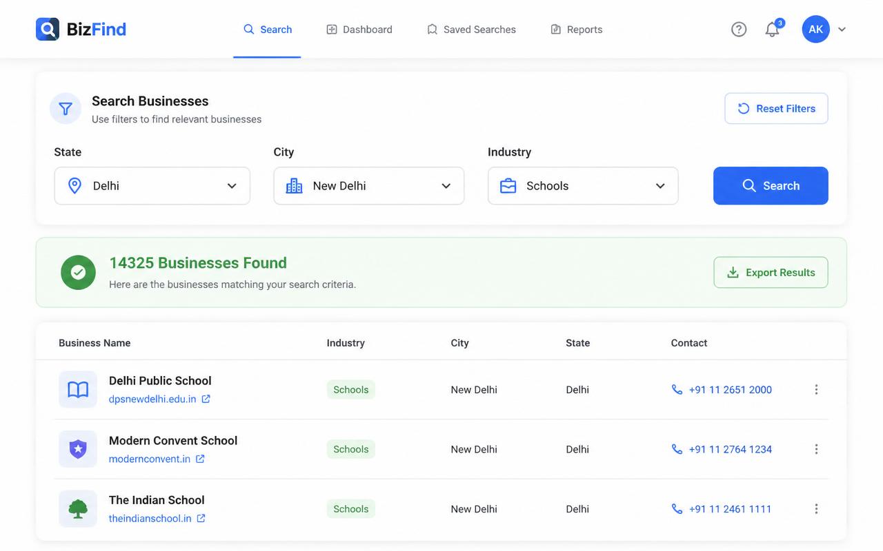 Filter by state, city and industry. Instantly narrows down to the exact businesses you want.